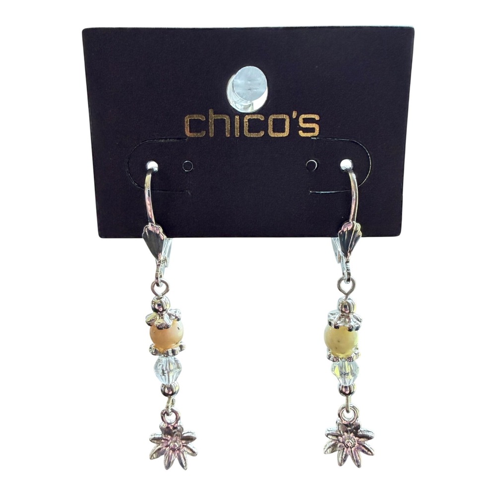 Chico's Dangle Earrings Flower Beaded Silver Tone Y2K Boho Vintage 2" Drop NEW‎